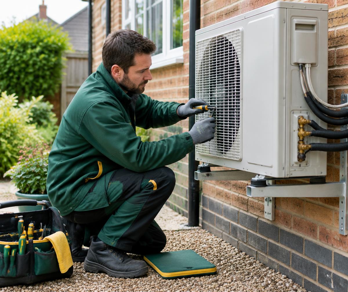Illustrative image of a technician servicing an air conditioning unit