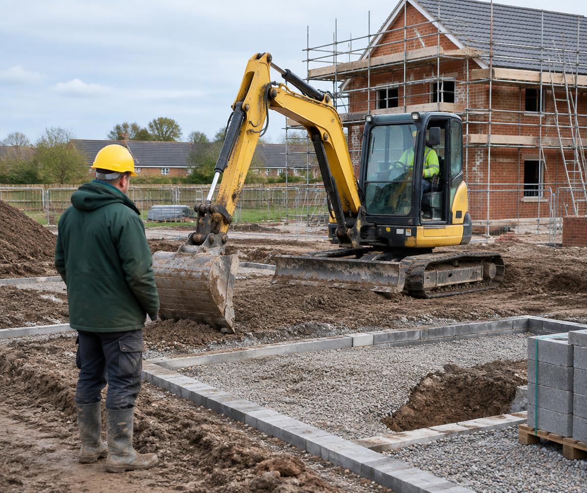 Illustrative image of groundwork and scaffolding on a residential site