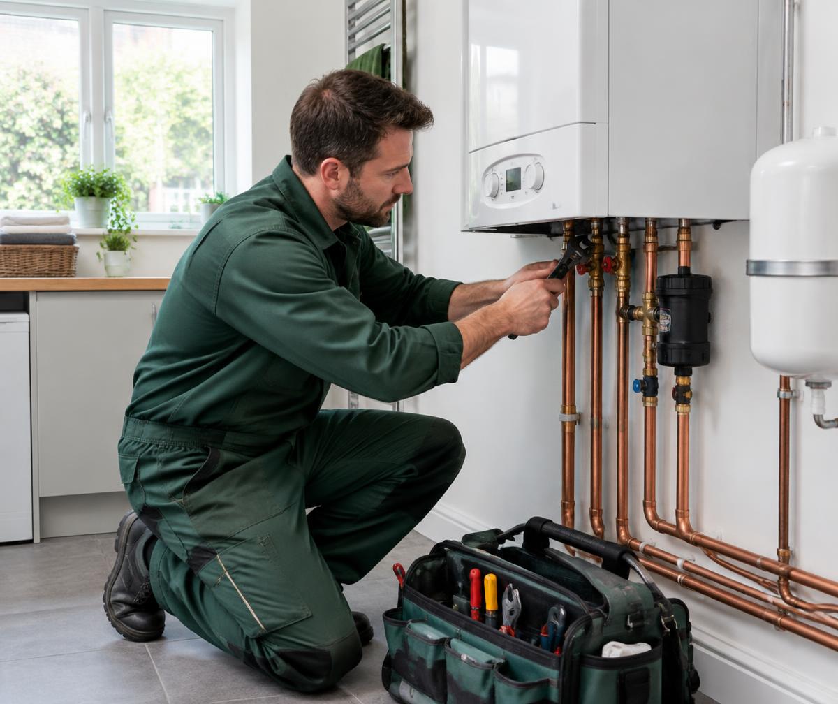 Illustrative image of a plumber working on domestic heating pipework