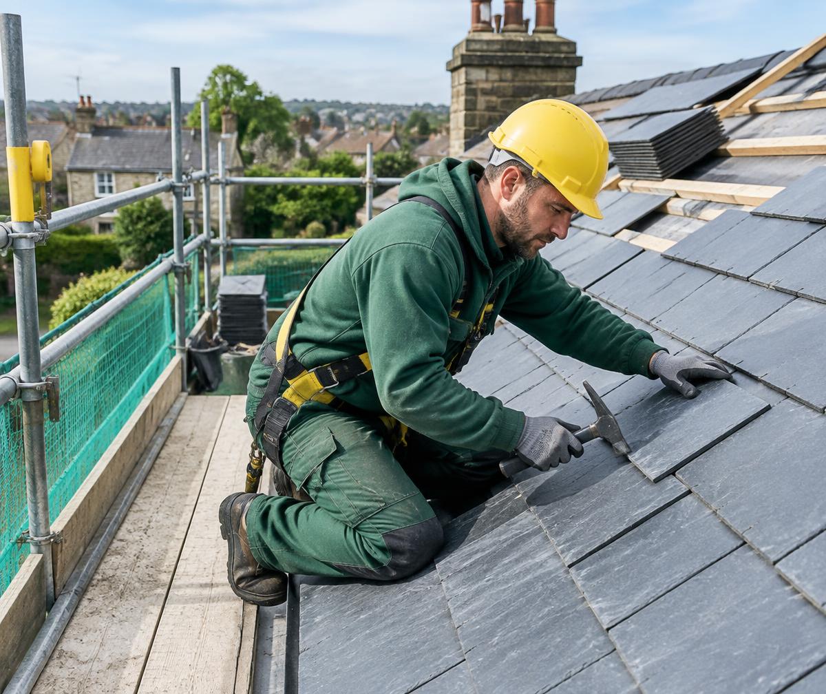 Illustrative image of a roofer laying slate roof tiles