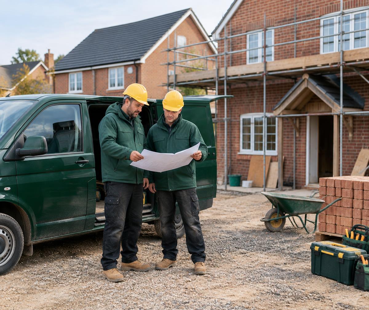 Illustrative image of tradespeople reviewing plans on a residential site
